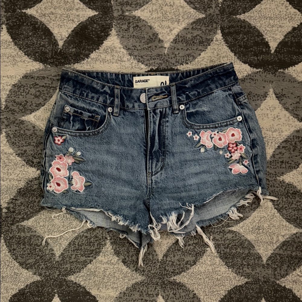 Garage Blue Jean Shorts with Pink Floral Design